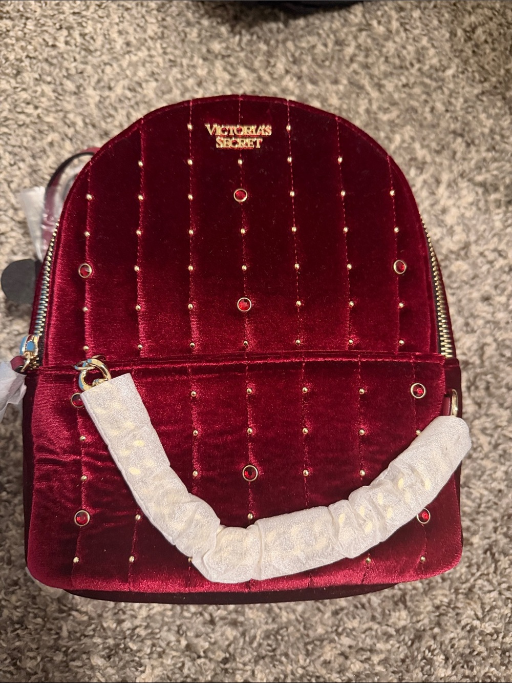 Victoria's Secret Burgundy Velvet Mini Backpack with Gold Studs